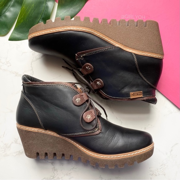 PIKOLINOS Black Maple Leather Wedge Lace up Ankle Boots 39 - Picture 2 of 9